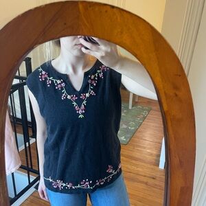 Floral Embroidered Black Sleeveless Blouse